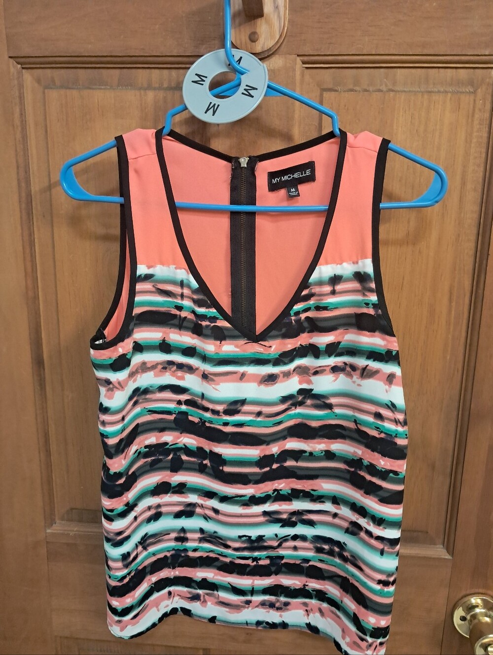 My Michelle Coral, Mint & Black Striped V-Neck Tank Medium